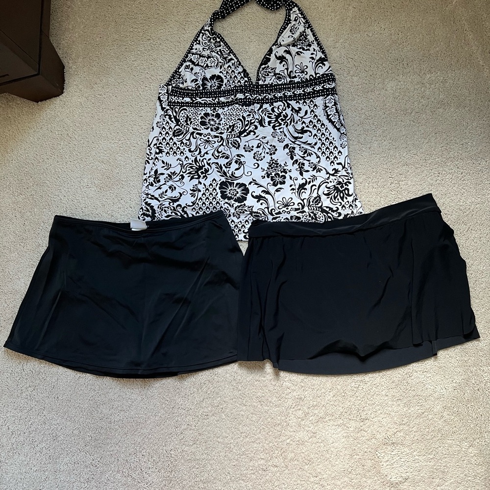Black and White Halter Top bathing suit with Swim Skirts
